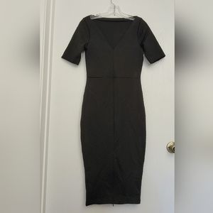 Zara BW Collection Dress Sz M Black Short Sleeve V Neck Back Sheath